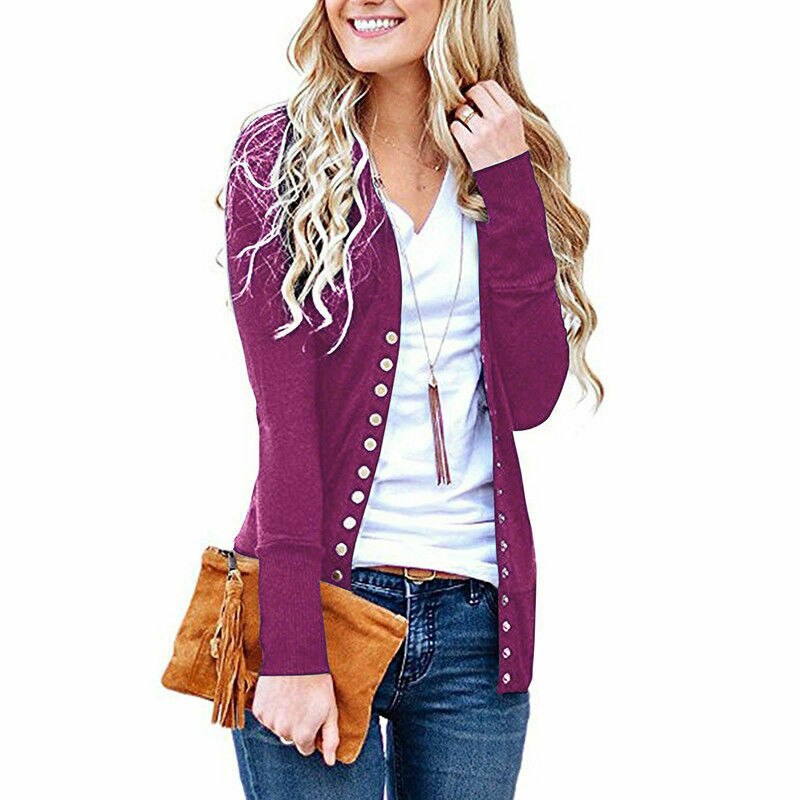 Pull en tricot à manches longues et col en V pour femme, pull ample avec bouton-pression, style rétro, tendance, automne hiver: S / Violet