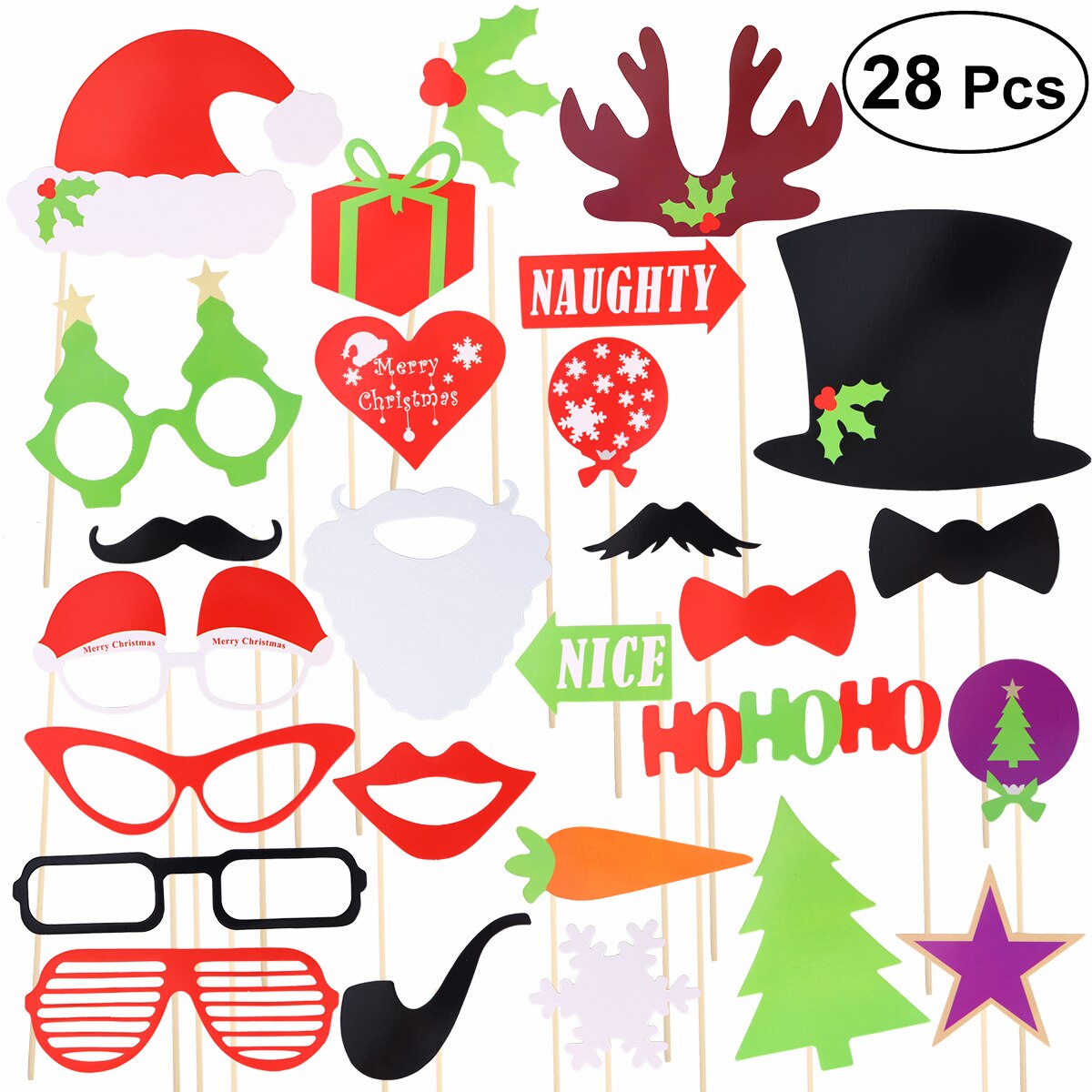28 Pcs Christmas Party Photo Booth Props Posing Props Christmas Trees Hats Glasses Mustache Kit for Party Decoration