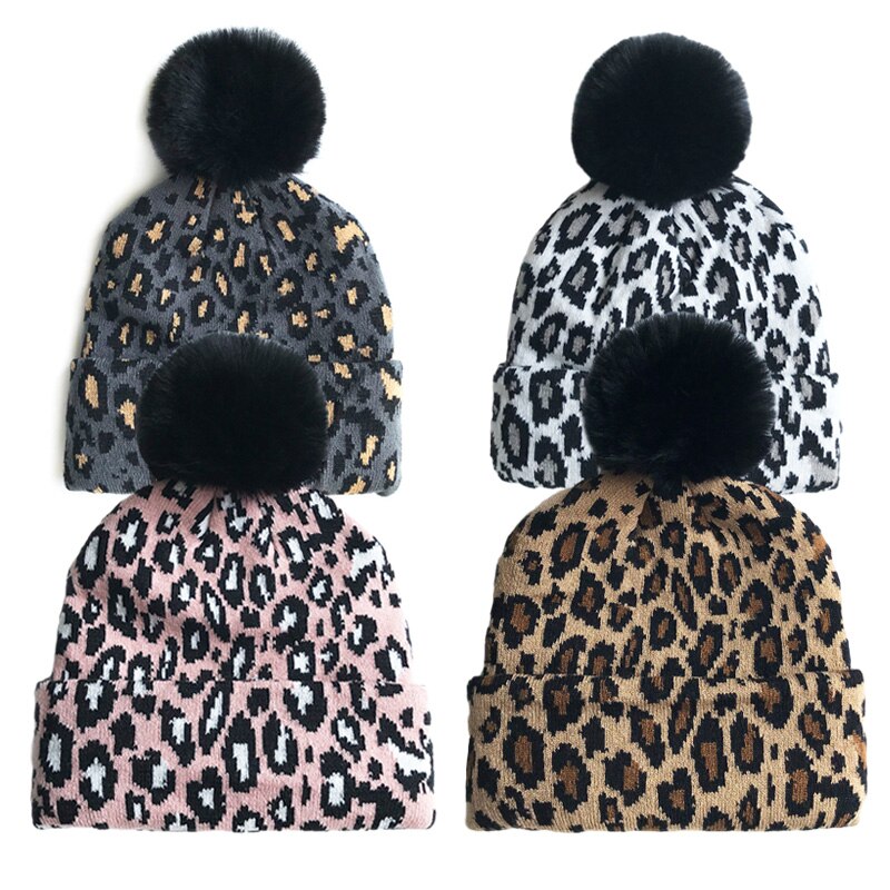 Leopard baby vintermössa för flickor pompong stickad mamma barn mössa för pojkar mössor elastisk varm beanie mössa