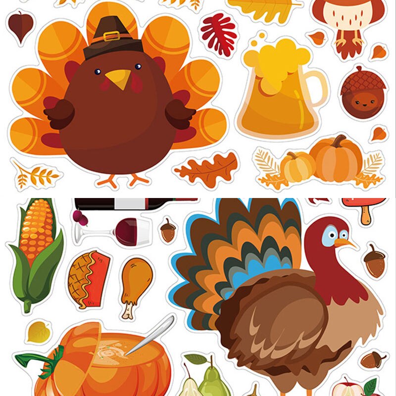 Cartoon Autumn Maple Leaf Window Wall Stickers Thanksgiving Bedroom Fall Leaf Turkey Fruit Wall Sticker Wall Decal Art