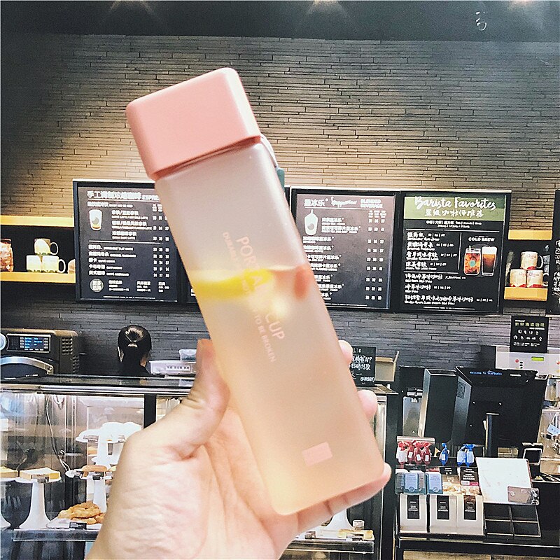 Cute Square Plastic Water Bottles BPA Free Transparent Frosted Outdoor Portable Camping Hiking Tour Drinking Bottle Water: Frosted Pink