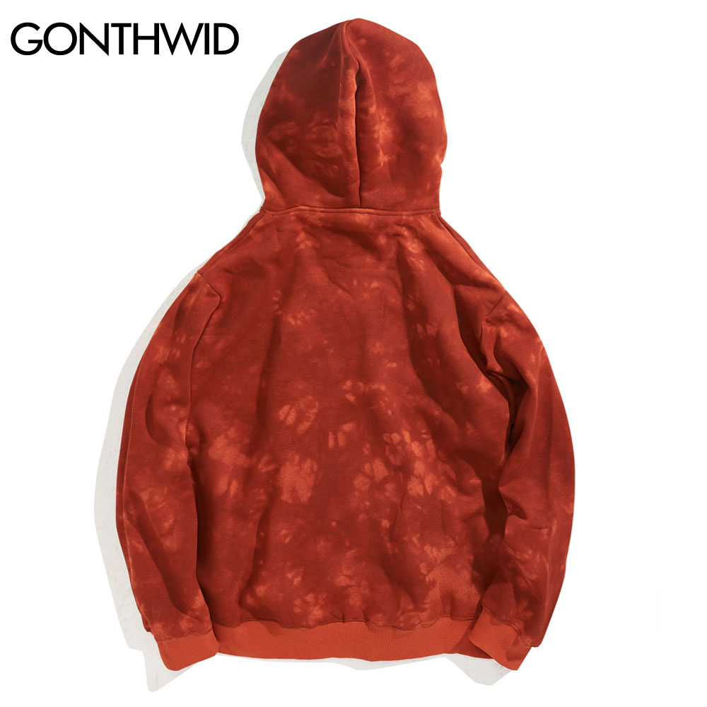 GONTHWID Chinese Characters Persimmon Print Fleece Tie Dye Hooded Sweatshirts Pullover Hoodies Streetwear Mens Hip Hop Tops