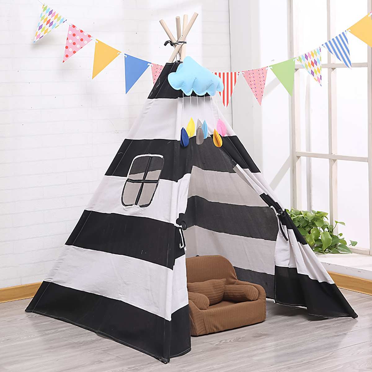 1.3M-1.6M Baby Tents Teepee Triangle Tent Kids Playhouse Cotton Canvas Pretend Play Tent Decoration Game House Boy Girls: Blackwhite / 1.3M