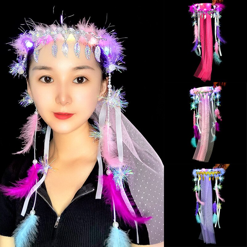 LED Flower Tulle Veil Headband Light Wreath Crown Women Girl Glow Party First Communion Wedding Luminous Festival Costume