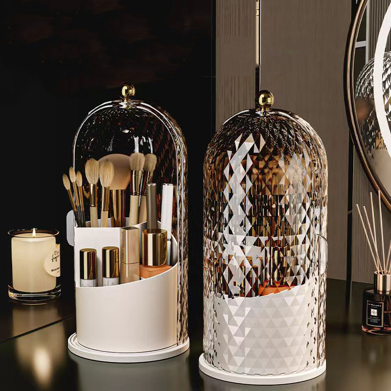 Porta brochas de maquillaje con tapa Diamond Birdcage 360 ° Organizador de maquillaje giratorio, caja de almacenamiento de cosméticos a prueba de polvo, contenedor de lápiz labial