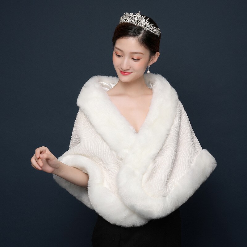 JaneVini Winter White Fur Cape Shawl for Women Wedding Boleros Stole Red Faux Fur Formal Party Wrap Shrugs Jacket Chale Fourrure: white