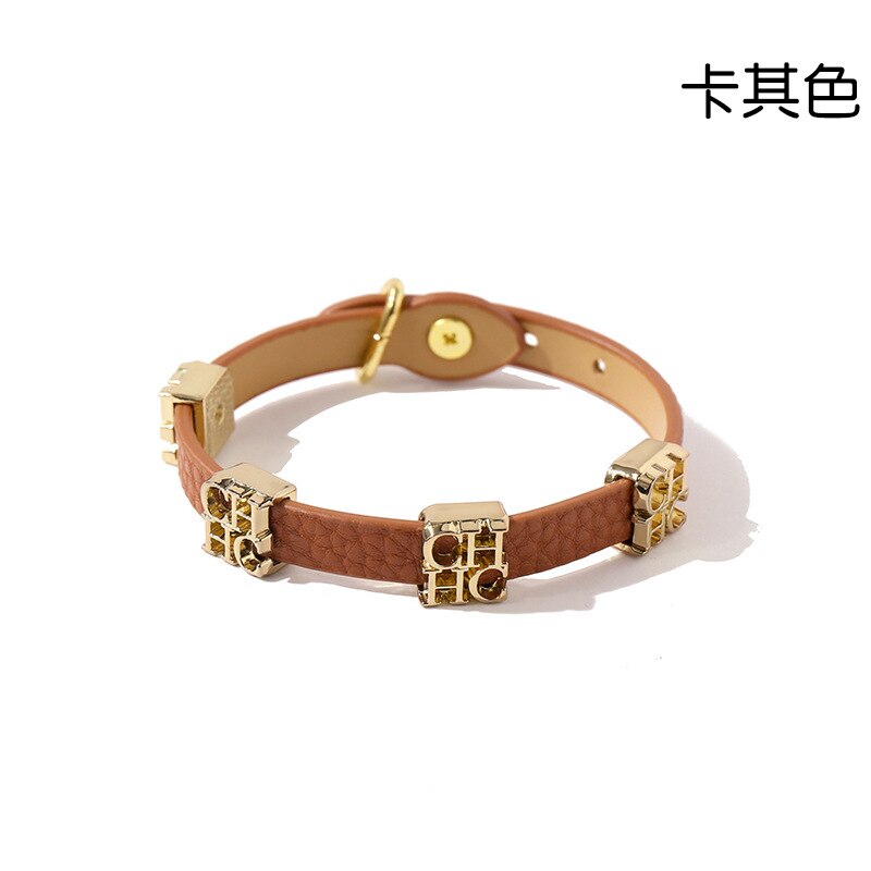 Titanium steel glossy gold CH lettered double loop leather bracelet for women: Blue Zinc Plated