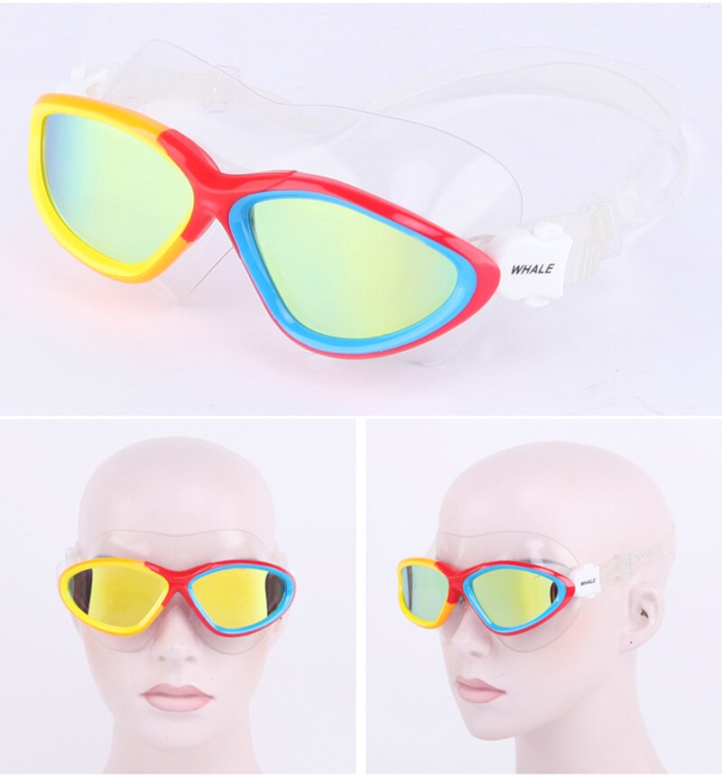 Hval anti-tåge linse vandtæt svømmebriller briller spejl belægning mænd kvinder store ramme svømningsbriller: Hvid rød