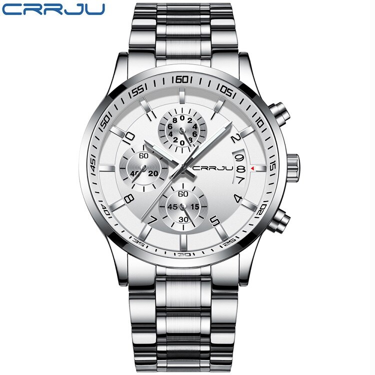 CRRJU cronógrafo relojes duraderos hombres Casual negocios impermeable oro negro Acero completo cuarzo reloj Relogio Masculino 2214: silver white
