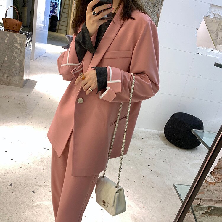 Twee Stuk Grote Size Vrouwen Pak Pak Effen Kleur Mode Herfst Pak