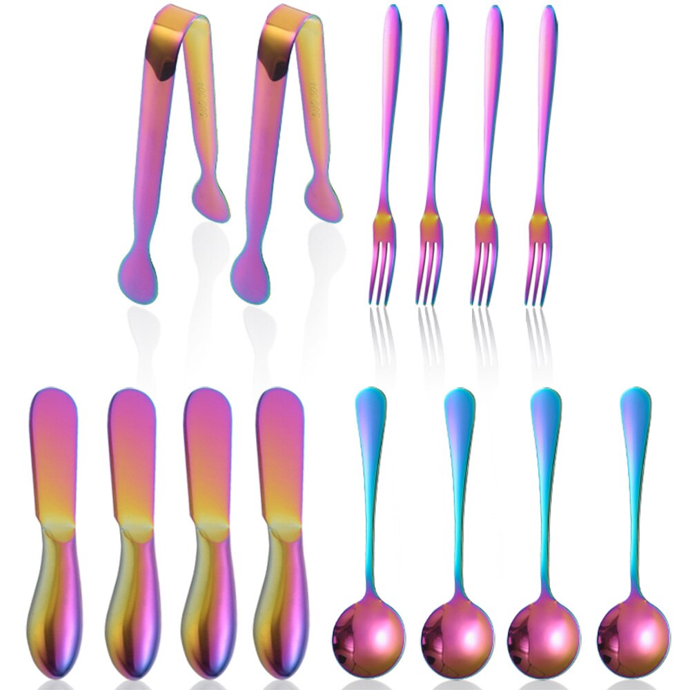 14/20pcs Gold Cheese Knife Set Cheese Spreaders Knife Butter Slicer with Mini Serving Tongs Spoons and Fruit Forks Knives Set: 14pcs Rainbow