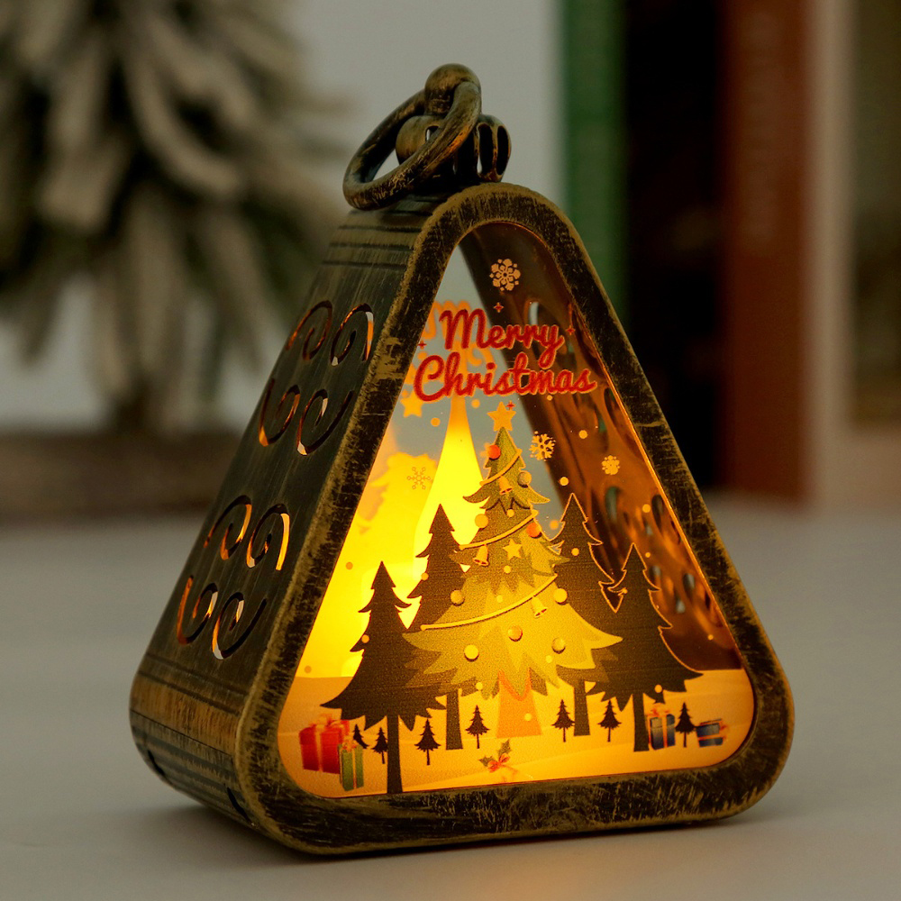 Christmas Triangle Lantern Plastic Santa Claus Snowman Tree Festival Lamp Mini Table Ornaments Home Decoration Party Scene Props: Dark Khaki