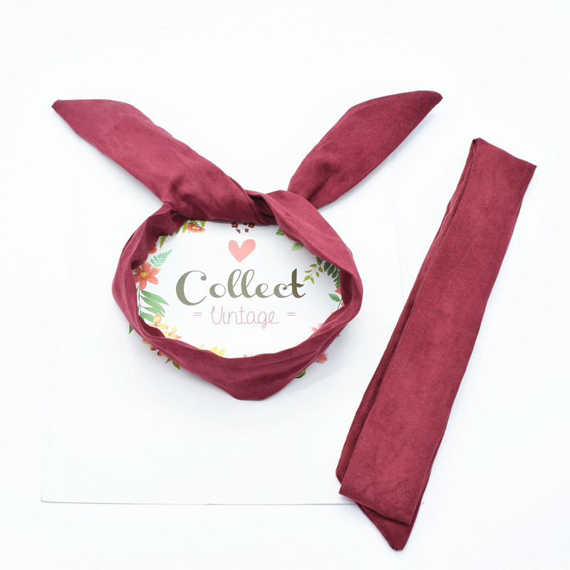 Ruban d'oreille de lapin en daim de couleur unie pour femmes, bandeau pour cheveux, nœud papillon croisé, écharpe en fil métallique, accessoires pour cheveux pour filles: Bourgogne