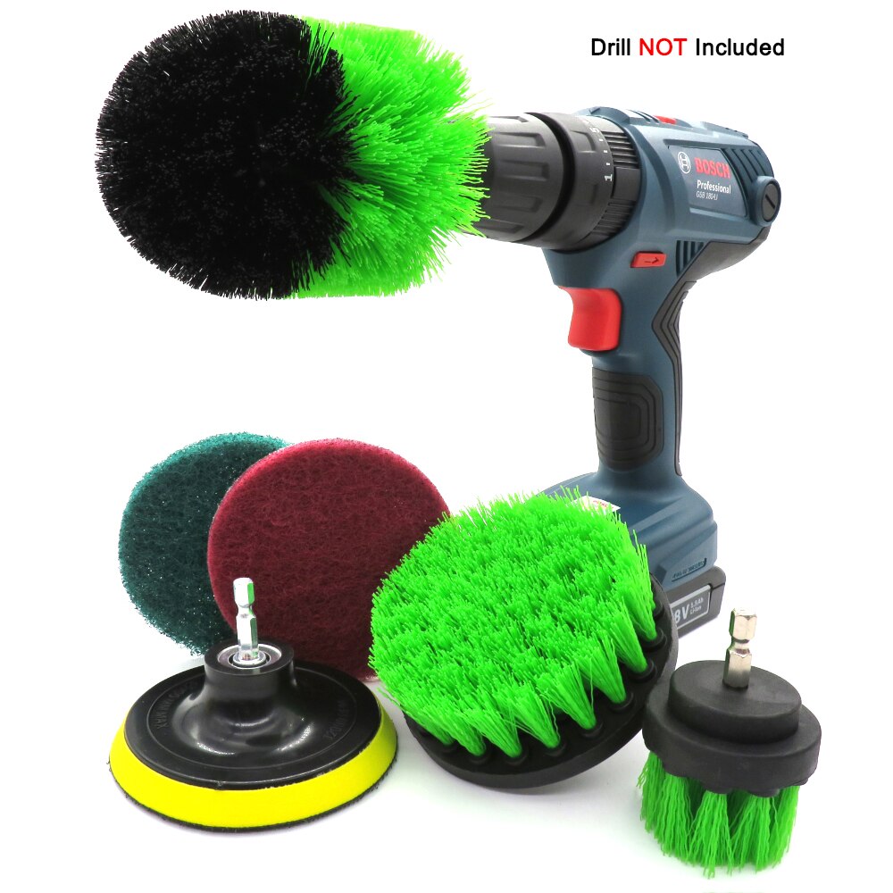 6 stk borebørste fastgørelsessæt power scrubber brush scouring og scrub pads cleaner til sofa, køkken, badeværelse, bil osv.: Grøn