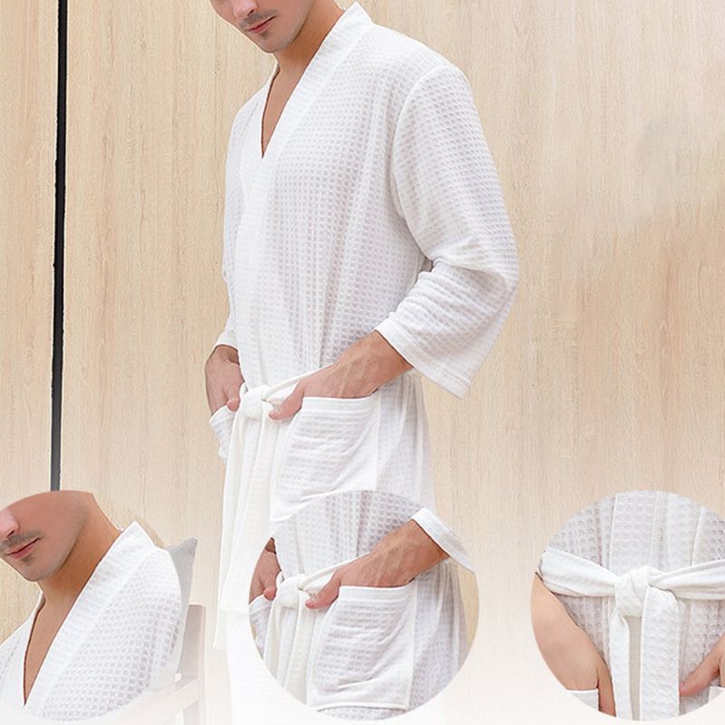 unisex Plus størrelse løs badekåpe vaffelvev sommer tynn kimono nattkjole åpenn front belte raskt tørr salong nattøy