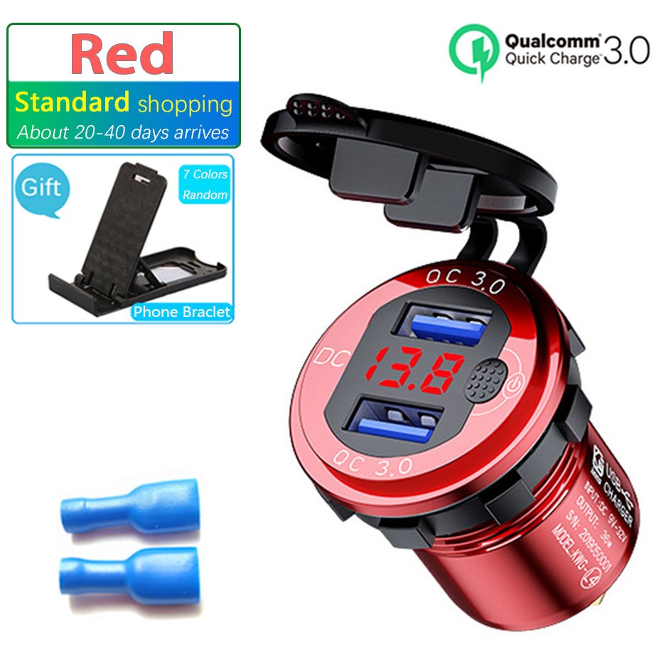 LED Display 36W QC3.0 Motorcycle USB 12V socket Metal Switch Waterproof Universal Truck Car Lighter Socket Plug For Phone Camera: Red-Standard