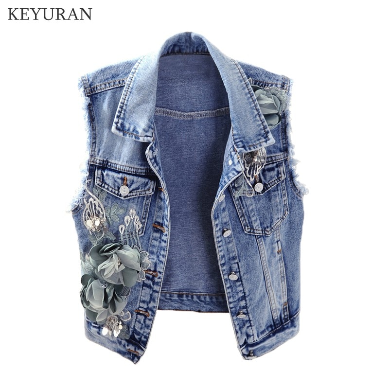 ¡Novedad de primavera! Chaleco vaquero básico para mujer, chaleco vaquero a la con bordado de flores en 3D sin mangas, chaleco, chaqueta, chaleco vaquero holgado