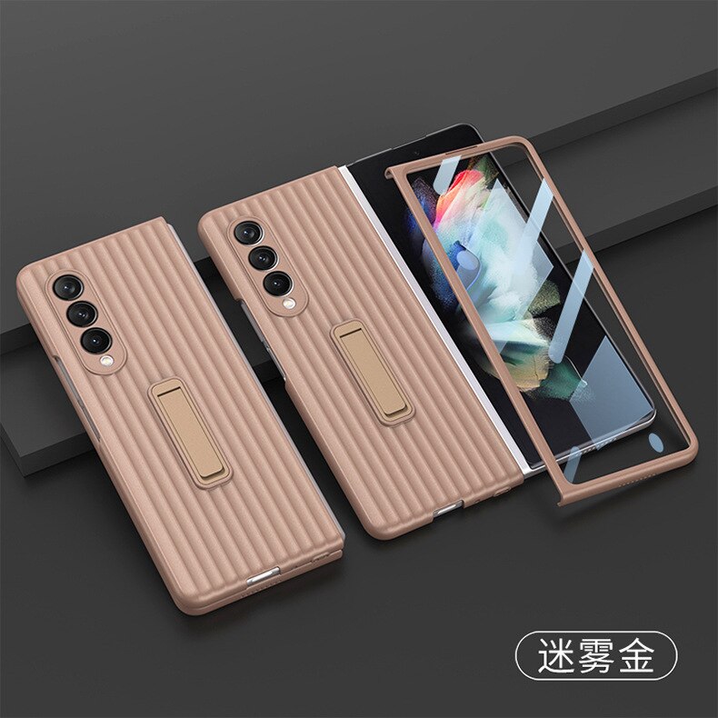 Luxury Suitcase Phone Case for Samsung Z Fold3 fold 3 5g Case With Phone Holder Bracket Tempered Glass Protective Case Funda: Gold