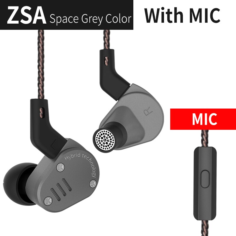KZ ZSA-Armadura de auriculares intrauditivos de metal, híbrido, monitores deportivos, HiFi y bajos, con cancelación de ruido: ZSA Gray Mic