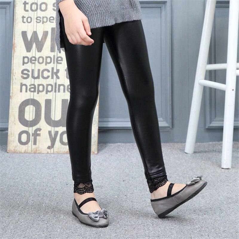 Leggings voor meisjes Winter Kant Stiksels PU Leggings Tieners Peuter Warme Broek Kinderkleding Dunne Slanke Broek