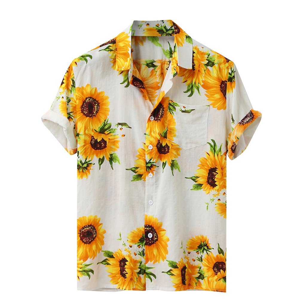 Plus size skjorter herre sommer solsikke mønster skjorter afslappet kortærmet strand løs bluse hawaiiansk skjorte  #3: Hvid / Xxl