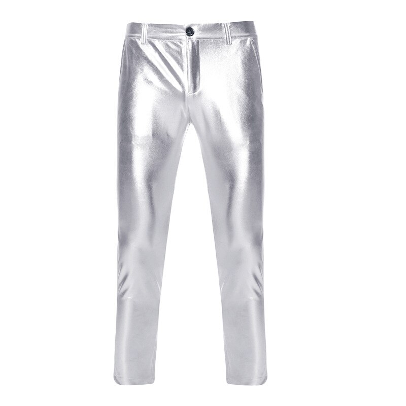 Moto à revêtement métallique Faux cuir PU pour hommes, pantalon de Hip Hop pour DJ, scène de discothèque et chanteurs, collection: M / sliver