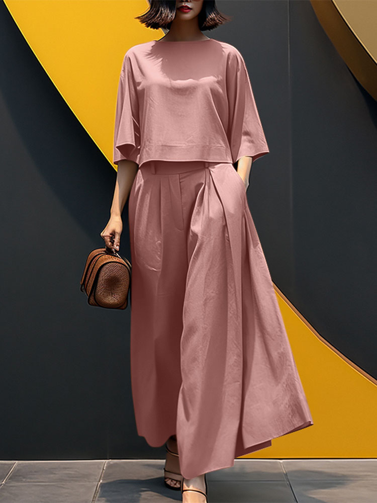ZANZEA Summer 2pcs Outfits Women Pant Sets Baggy Blouse Wide Leg Trousers Suit Solid Work Tracksuits Matching Sets: S / Pink