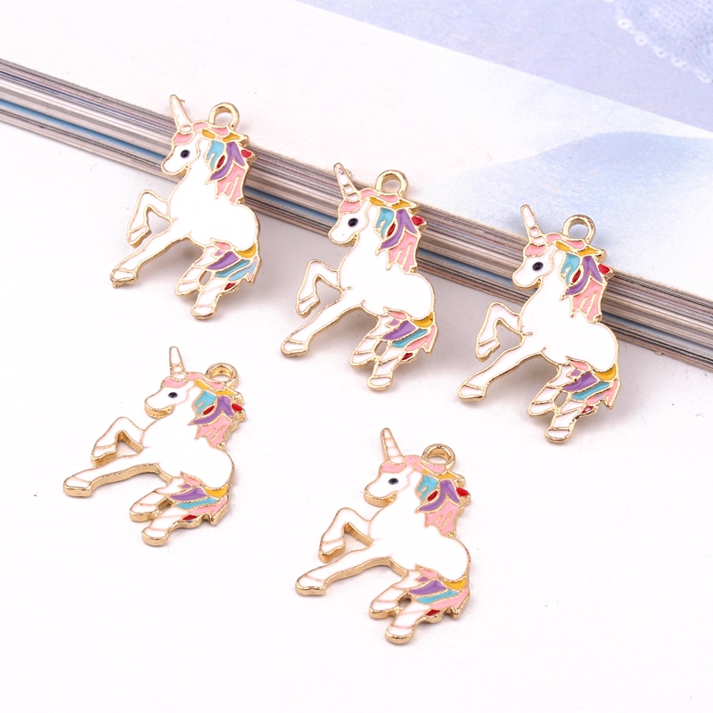 5Pcs Schöne Bunte Einhorn Gold Legierung Emaille Charms Anhänger DIY Entdeckungen Frauen Ohrring Halskette Handgemachten Schmuck Zubehör