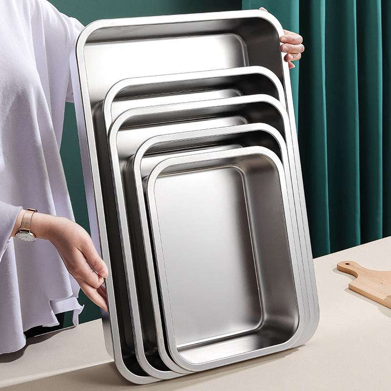 Bandeja de almacenamiento rectangular de acero inoxidable, plato de cena, horno, pastel, bandeja para hornear, pan, recipiente de comida, accesorios de cocina