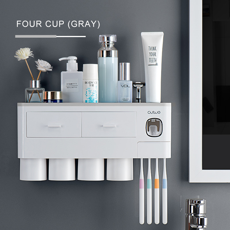 Bathroom Accessories Set Magnetic Adsorption Inverted Toothbrush Holder Automatic Toothpaste Dispenser Squeezer Storage Rack: Four Cups Grey