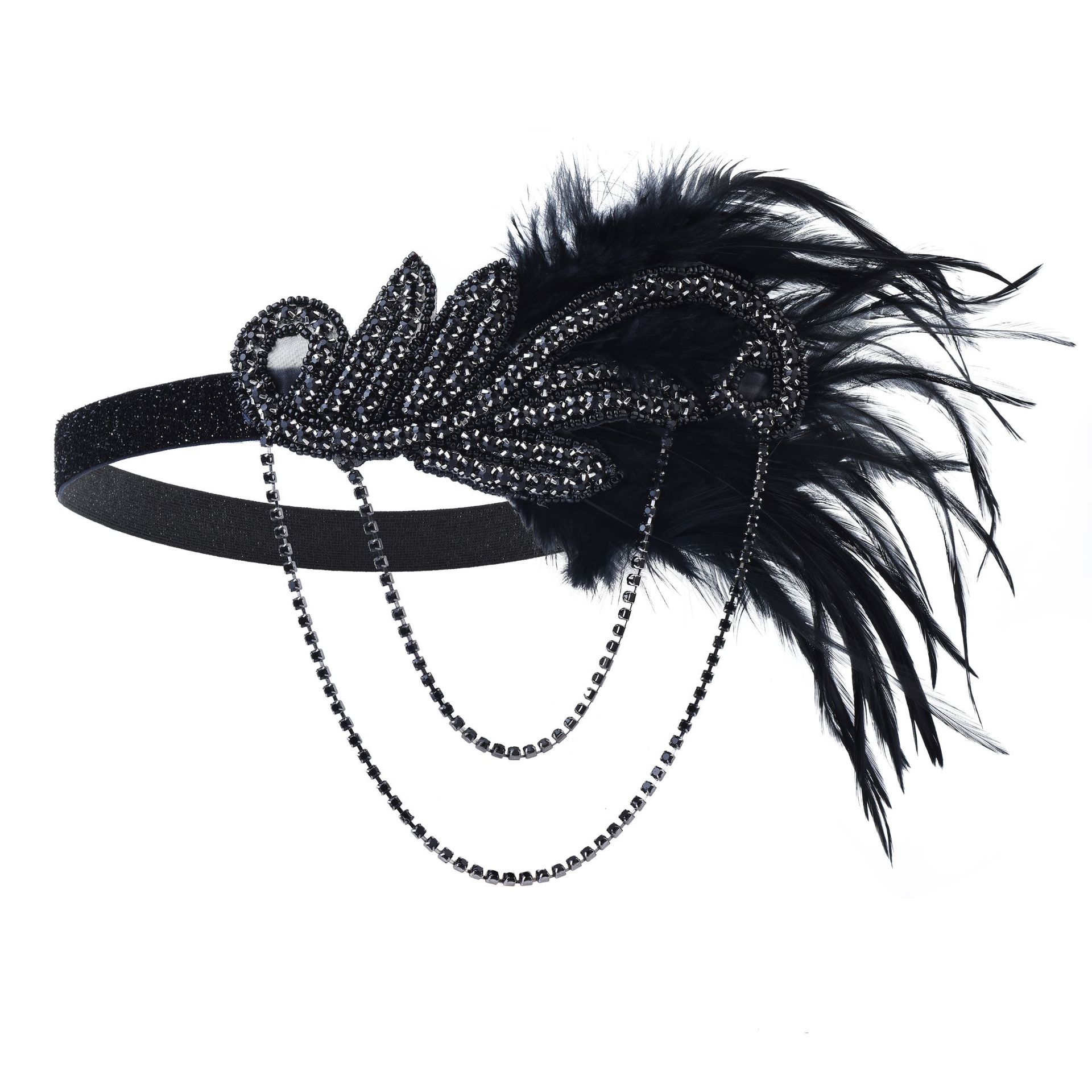 Accesorios de vestido Flapper de los años 20, accesorios de Retro, diadema de GATSBY CHARLESTON, banda de plumas para boda, banda de niña Flapper, 1 Uds.: Negro