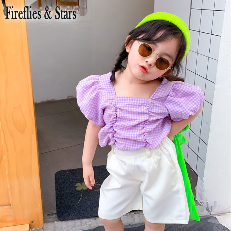 Zomermeisjes blouse baby shirt kinder topjes kinderkleding paars geruit geplooid gerimpeld pofmouw 1 to 9 jaar