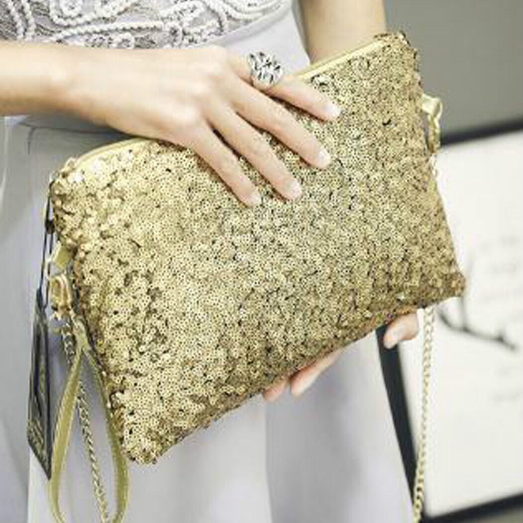 Dames clutch met pailletten, dinertas, glanzende portemonnee, draagbare schoudertas met ketting