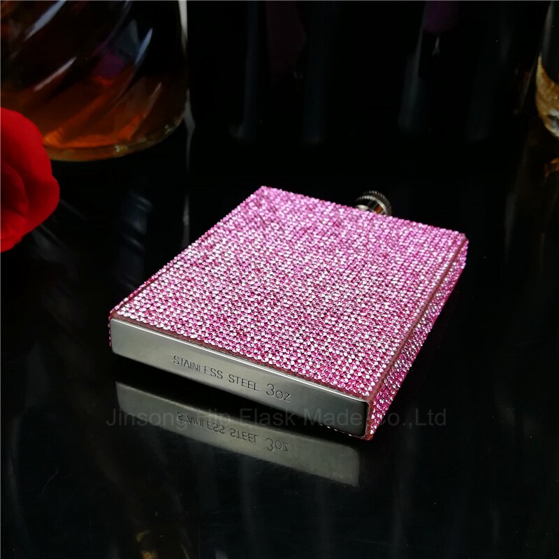 3 oz rvs met roze diamant heupfles, Speciale heupfles voor Dames