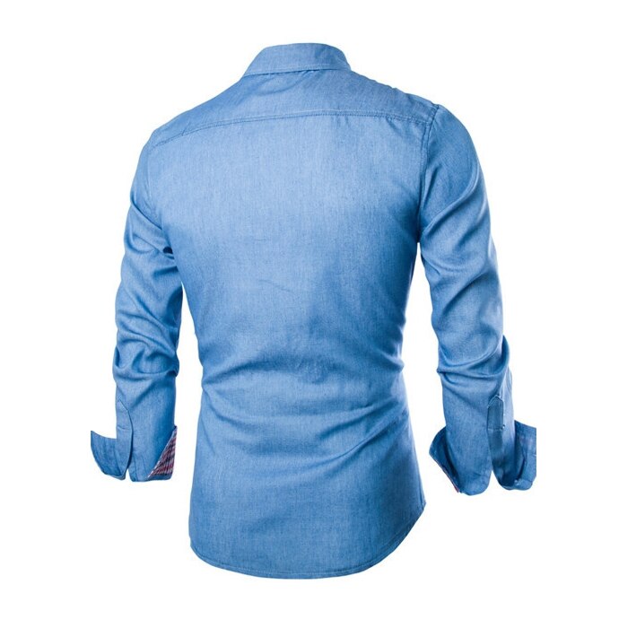 M~ 3xl imitert skinn lomme slank skjorte herre uformell sving-ned krage langermet skjorte knapp denim virksomhet skjorte