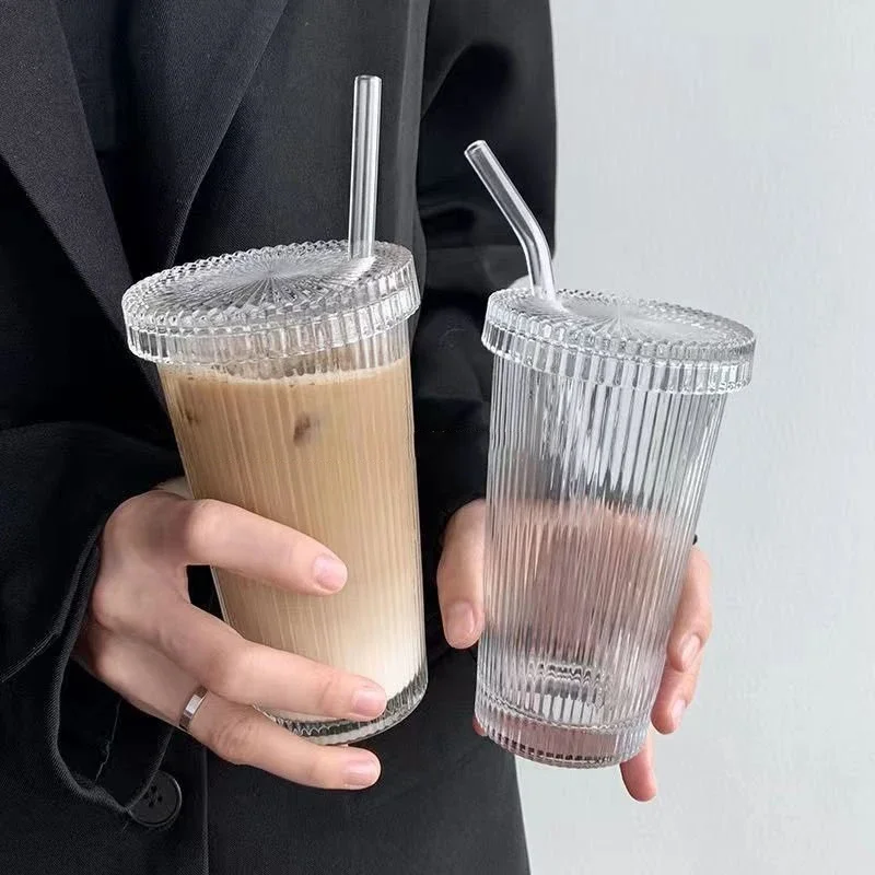 Taza de vidrio a rayas de 375Ml con tapa, Pajita de estilo japonés para beber, tazas elegantes para leche, café, té, de cumpleaños, vasos de whisky