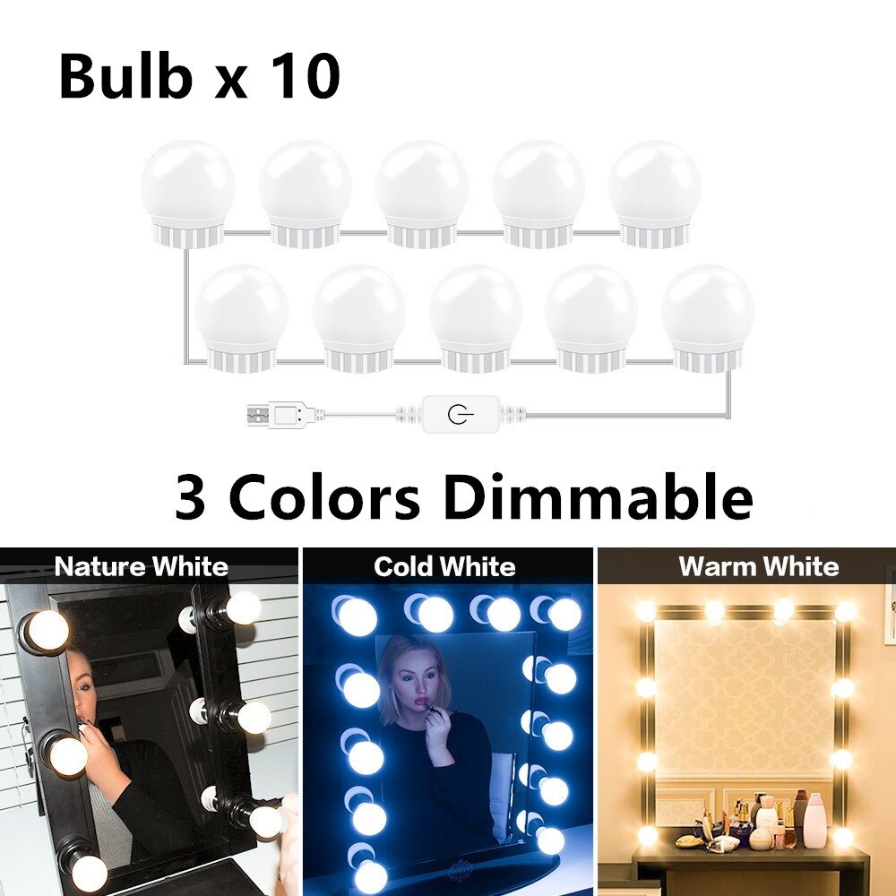 Ampoule USB pour miroir de maquillage, lampes de vanité Hollywood, applique murale à intensité réglable, Kit d'ampoules 2 6 10 14 pour coiffeuse: 10pcs dimmable