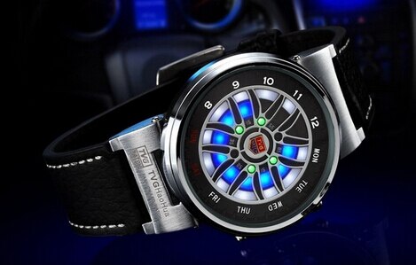 Tvg unieke auto roulette velg horloges heren blauwe led binaire horloges leren band elektronische polshorloges heren sporthorloges: Zilver