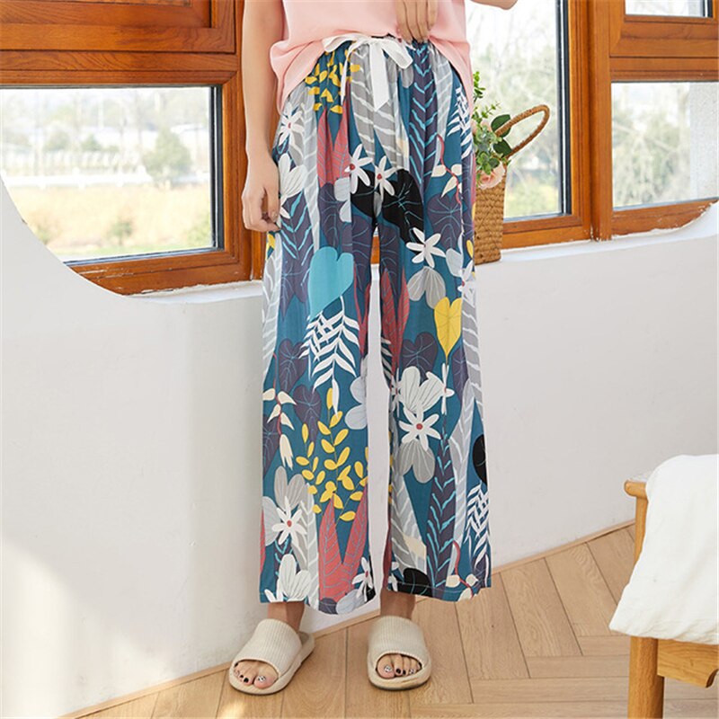 Summer Sleep Wear for Women Pajama Printing Loose Sleep Pants Calf-Length Pants Sleep Bottoms Home Wear