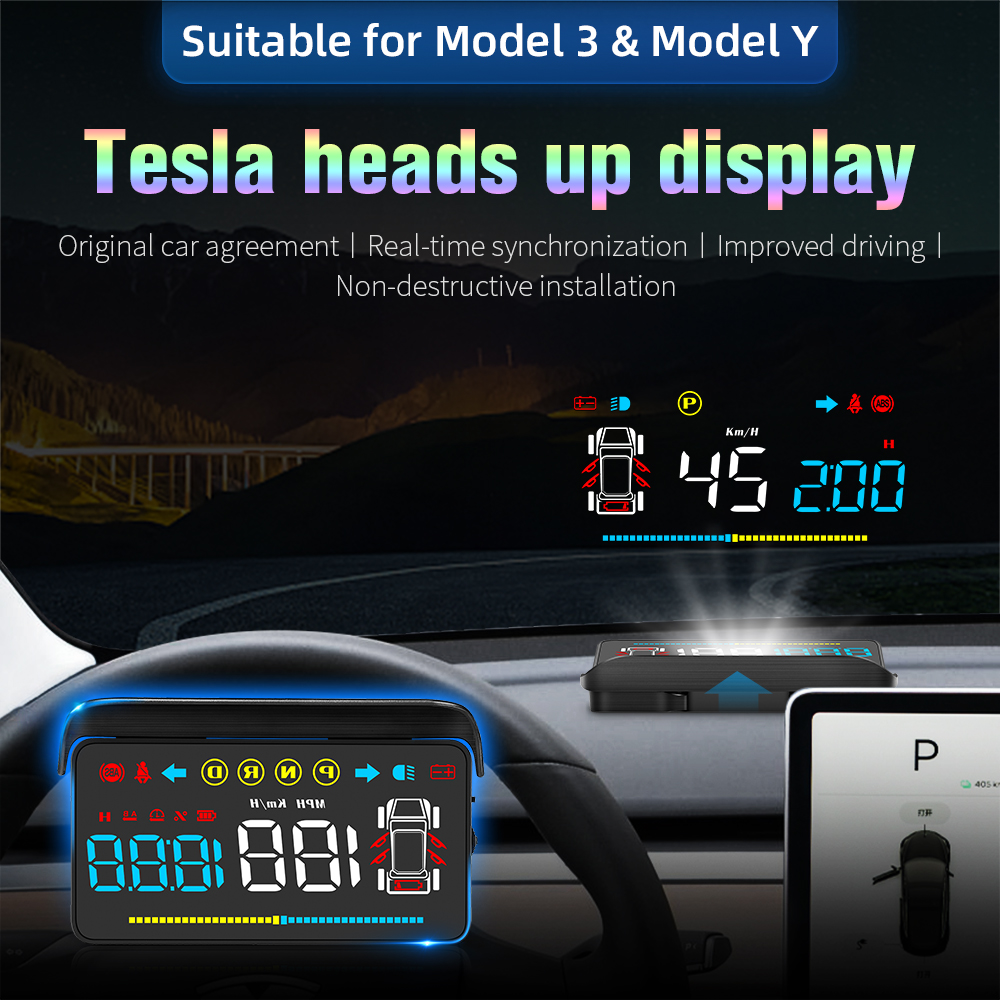 HUD E100 Head Up Display Speed Projector Speedometer Turning Light Gear Guide Battery Display for Tesla Model 3 Car Access