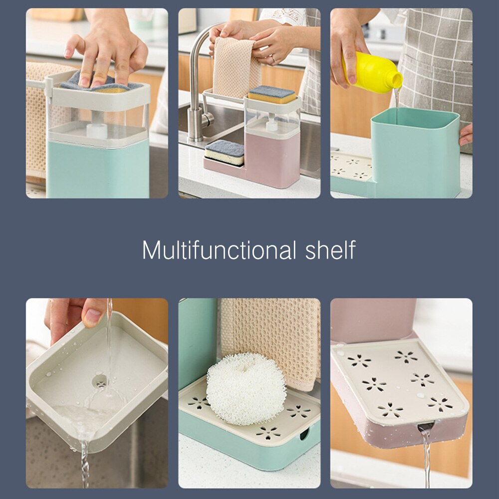 Multifunction Kitchen Detergent Liquid Storage Box Sink Dish Washing Sponge Rack Bathroom Manual Press Liquid Soap Dispenser