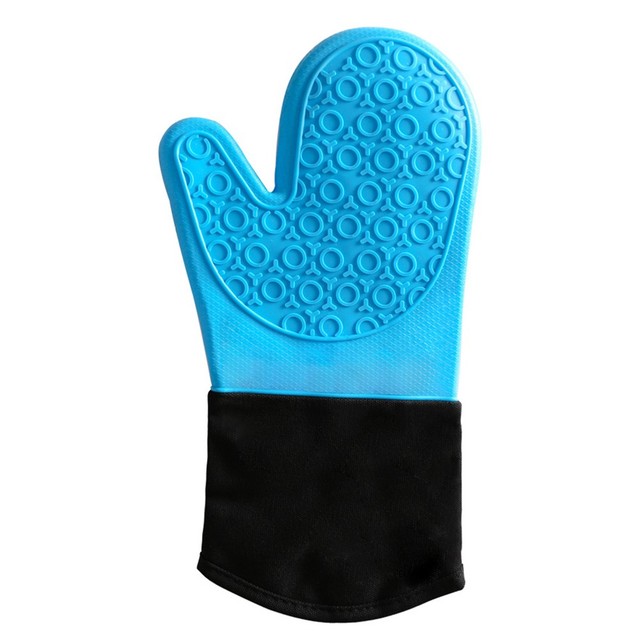 Non-Slip Silicone Microwave Glove Long Cotton BBQ Oven Baking Pot Mitts Cooking Heat Resistant Kitchen Baking Tool: Blue 2pcs