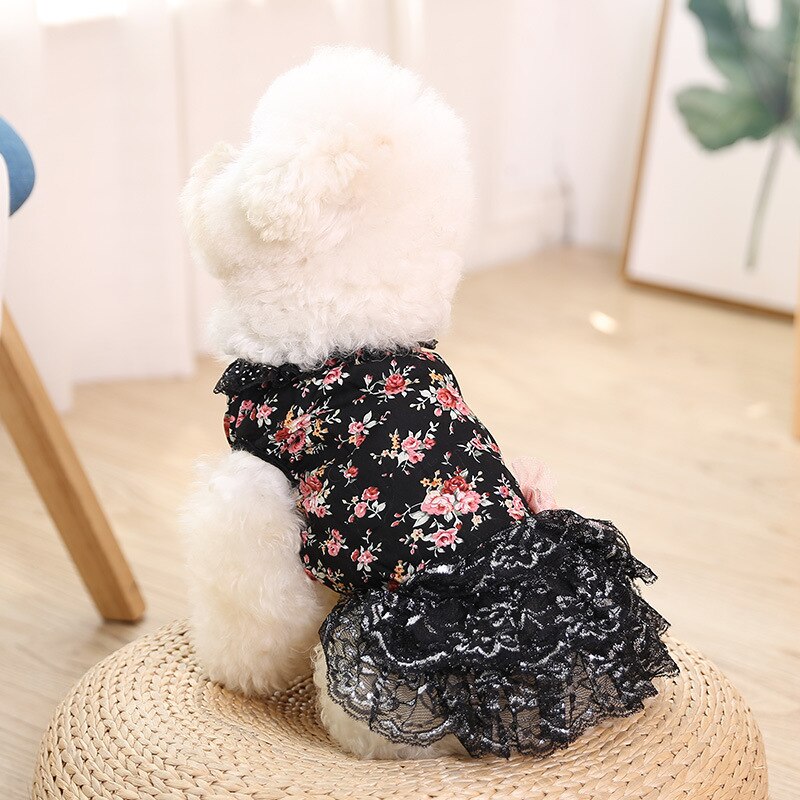 Vestido estampado Floral para mascotas, ropa para perro pequeña, falda de disfraz de Bulldog Francés, bonito collar negro para chica de verano