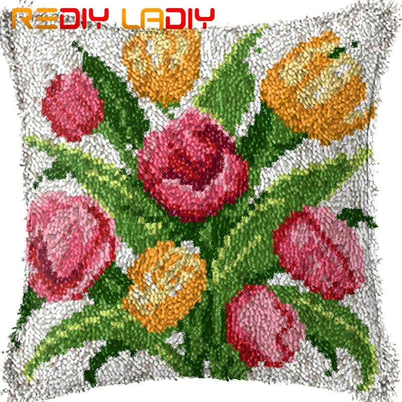 Latch Hook Cushion Hat Flowers Pre-Printed Canvas Cushion Front Acrylic Yarn Crochet Pillow Case Kits Sofa Bed Pillow Home Decor: BZ604