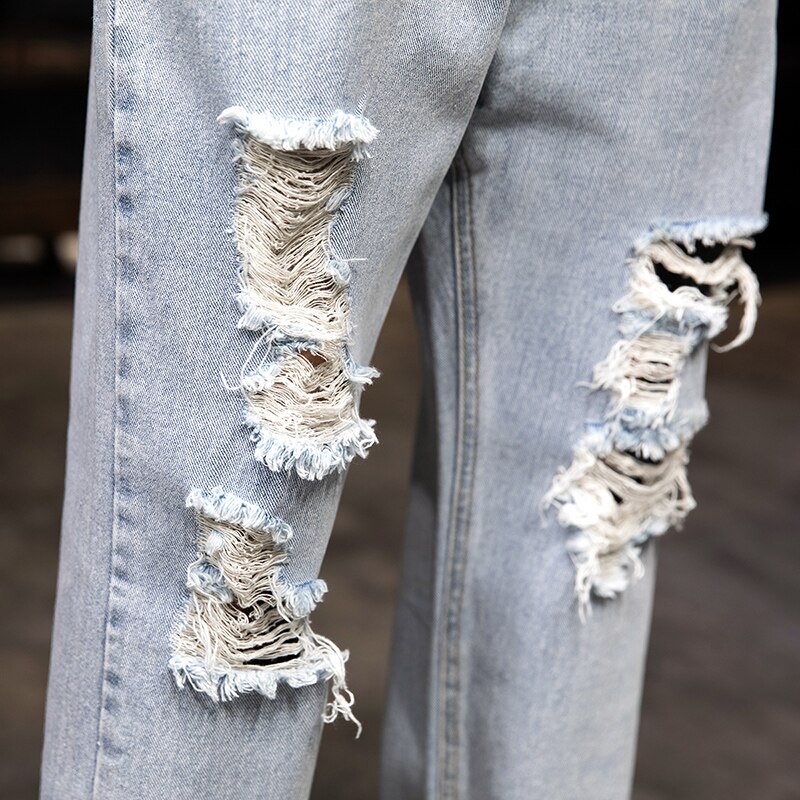Pantalones vaqueros rasgados para hombre, pantalón de pierna ancha, corte recto, holgado, color azul claro, con agujeros rotos, ropa de calle, Hip Hop, longitud hasta el tobillo