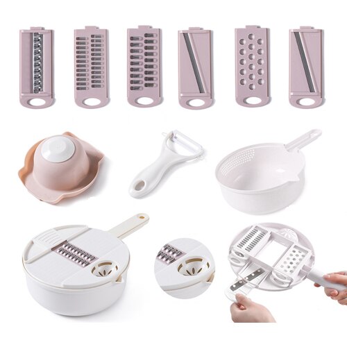 Cortador de verduras para el hogar, herramientas de cocina, rallador de patatas, rebanador de cocina, rallador giratorio de rábano, 12 piezas: 12 pcs White