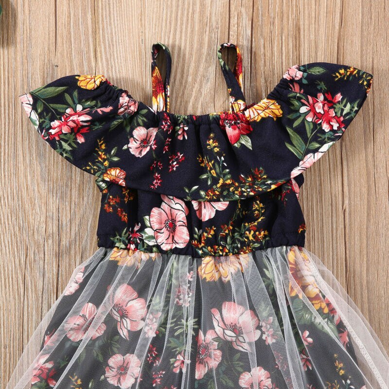 Peuter Kids Baby Meisjes Bloemen Ruffle Mesh Prinses Jurk Mouwloze Off Shoulder Jumpsuit Met Gaas Sheer Zomer Kleding 0-4Y