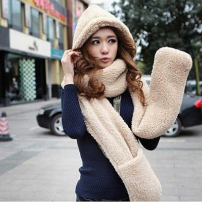 Nueva con capucha bufanda gorro guantes conjunto de 3 piezas mujeres invierno cálido suave capucha bufanda redecilla bolsillo gorra de Color sólido guantes: Beige