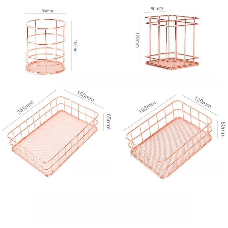Rose Gold Metal Desktop Storage Baskets Makeup Organizer Eyeliner Brush Set Storage Chopsticks cage Pen Holder Jewelry Storage