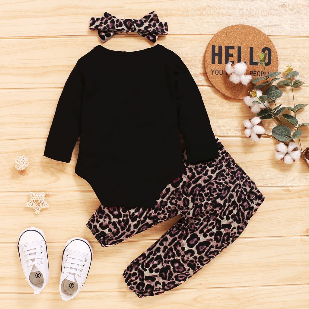Infantile bébé filles lettre imprimé barboteuse body + pantalon léopard + bandeau tenues avec nœud papillon enfant en bas âge fille vêtements tenues #55